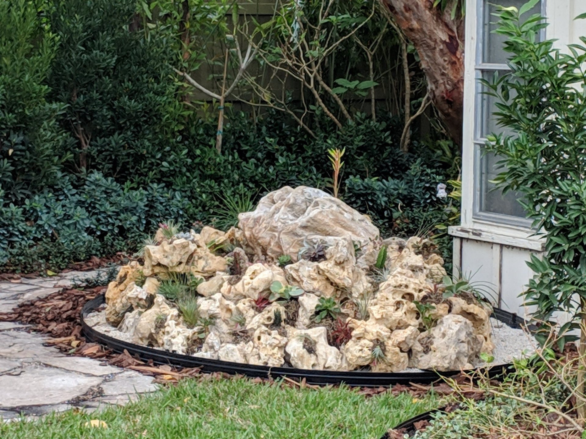 Coral stone garden feature planted with small succulents beside a residence