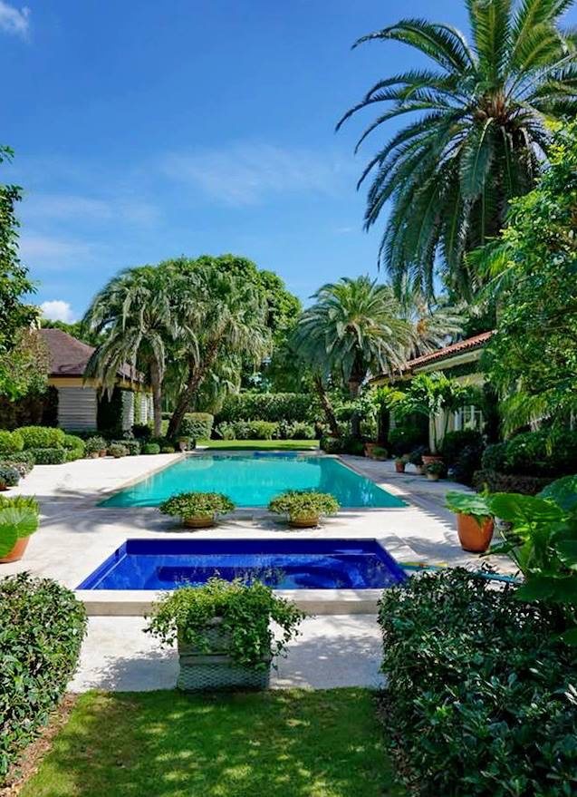 Residential pool and spa framed by mature palms, clipped hedges and container plants